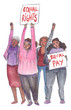 Protesting black women. People demanding equal rights and equal pay. Illustration painted in watercolor on clean white background