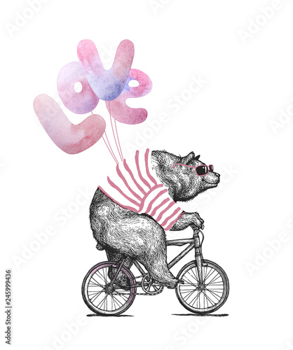 Okleiny na drzwi - śmieszne  fajny-mis-w-okularach-przeciwslonecznych-ride-bicycle-balloons-love-vintage-maskotka-ladny-zabawny-cykl-grizzly