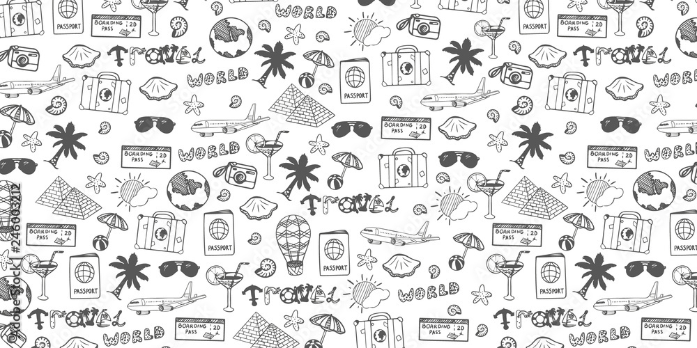 Travel hand-draw doodle backround. Tourism and summer sketch with travelling elements. Vector illustration - obrazy, fototapety, plakaty 