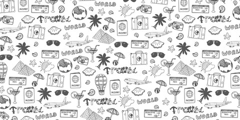 travel hand-draw doodle backround. tourism and summer sketch with travelling elements. vector illust
