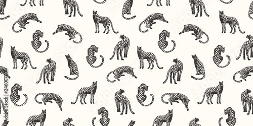 Seamless exotic pattern with abstract silhouettes of leopards. Tableau sur Toile