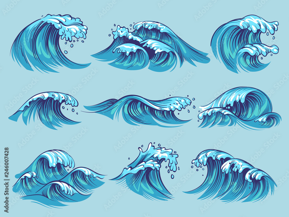 Hand drawn ocean waves. Sketch sea tidal blue waves tide splash hand drawn surfing storm wavy water doodle vintage set - obrazy, fototapety, plakaty 