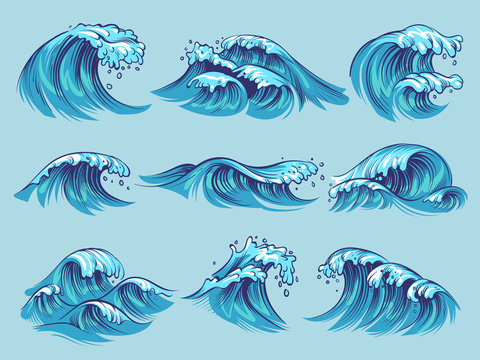 hand drawn ocean waves. sketch sea tidal blue waves tide splash hand drawn surfing storm wavy water 