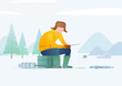 Ice fishing. Man fishing on a frozen river or lake in winter clothing. Winter landscape. Modern style vector illustration for landing page, website, banners and presentation.