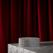 Cosmetic background for product  presentation. grey terrazzo podium on burgundy red curtain scene.  Mid century minimal product stage. Fashion magazine illustration. 3d render illustration.