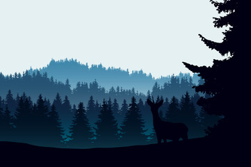 Wall Mural - Realistic illustration of mountain landscape with coniferous forest and deer. Under the morning blue green sky, vector