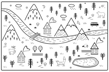 Vector River, Mountains and Woods Adventure Map with Houses and Animals. Scandinavian Style Art Nursery Monochrome Door or Wall Mat