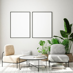 mock up poster frame in modern interior background, living room, Scandinavian style, 3D render, 3D illustration