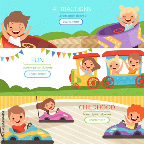 Amusement Park Banners Family And Happy Kids Walking And Playing