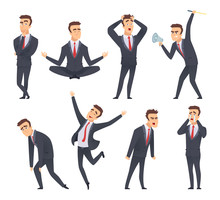 Businessman Emotions. Angry Kind Sweet Smiling Happy Satisfied Different Faces And Poses Of Office Managers Vector Characters. Illustration Of Businessman Character Angry And Happy