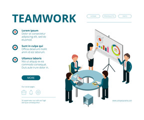 Canvas Print - Business meeting landing. Company managers financial director consultation management vector web pages template vector isometric. Meeting teamwork, management infographic analysis illustration