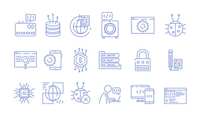 Sticker - Coder icons. Programmer computer software expert input ends execute cluster bugs fix testing systems java code vector symbols. Illustration of software programmer, system programming and coding