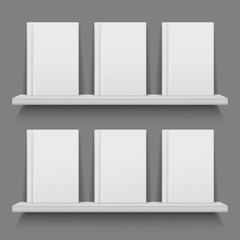 Wall Mural - book cover on shelves. mobile app web layout with front standing books vector bookshelf mockup. cove