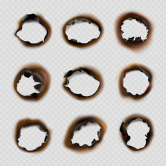 Wall Mural - burned holes paper. grunge designs of fire damaged circles shapes vector pictures. fire burn paper h