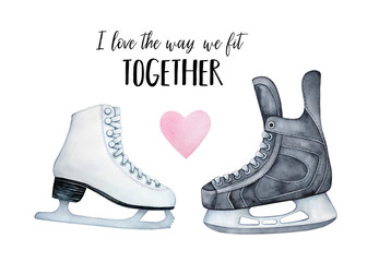 two different ice skate boots (black and white; male and female), pink love heart shape and romantic