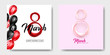 Banner for the International Womens Day with red and black baloons. Sale banner, discount card. March 8 on the white and pink background. Vector illustration