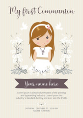 Wall Mural - my first communion girl. beautiful girl with communion dress and flower frame