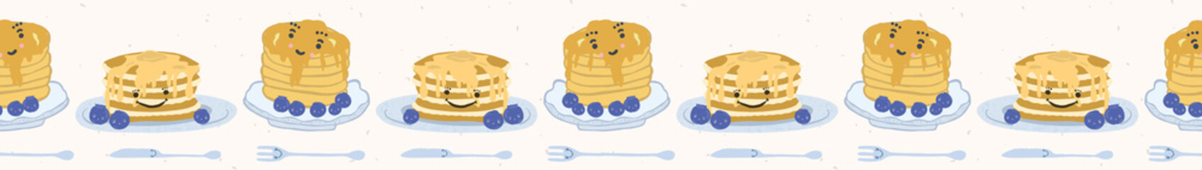 Cute blueberry pancake day breakfast vector illustration. Seamless repeating border. Hand drawn stack of delicious pancakes . Fresh blueberries, kawaii smiling face knife and fork. Food washi tape.