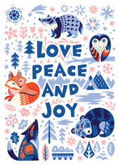 Wall Mural - Love, peace and joy greeting card. Woodland characters in scandinavian style. Vector illustration