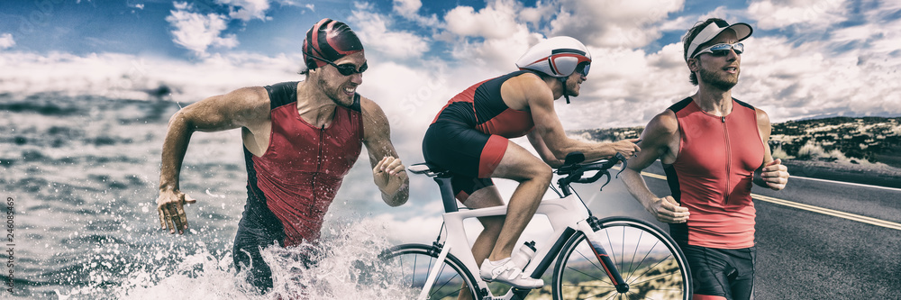 Triathlon sport banner man running , swimming, biking for competition race background. Triathlete swim bike run composite. - obrazy, fototapety, plakaty 