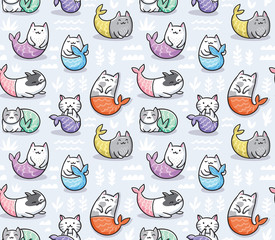 Seamless pattern with cats mermaid in kawaii style. Vector illustration