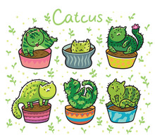 Cute Succulent Or Cactus Plant In The Form Of Cats. Vector Illustration