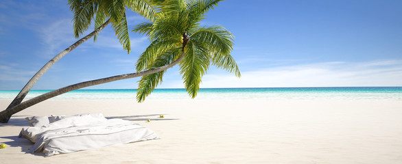 Bed under the palm in tropical beach with ocean view, vacation and summer concept, 3d render