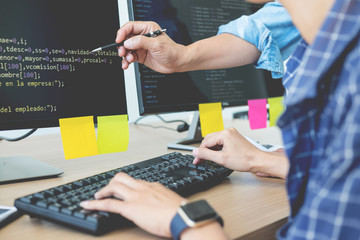 Wall Mural - programmer outsource developer team coding technologies website design. mobile application software,