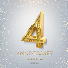 4th Anniversary Celebrating Golden Text And Confetti On Light Blue Background. Vector Celebration 4 Anniversary Event Template.