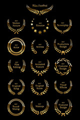 Wall Mural - golden shiny award laurel wreaths isolated on black background. vector film awards design elements.