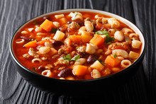 Traditional Fagioli Soup With Vegetables, Ditalini Pasta And Ground Beef Closeup In A Bowl. Horizontal