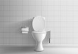 Modern toilet room interior 3d realistic vector mockup with tiled walls and floor, classic white ceramic toilet bowl with water tank and opened seat lid, paper and brush in metal holders illustration