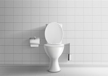 Modern Toilet Room Interior 3d Realistic Vector Mockup With Tiled Walls And Floor, Classic White Ceramic Toilet Bowl With Water Tank And Opened Seat Lid, Paper And Brush In Metal Holders Illustration