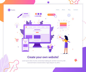 Wall Mural - the girl creates her own website. she's holding a magic wand. web banner design template. flat vecto