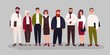 © Good Studio - Group portrait of cute happy office workers, managers or clerks standing together. Team of smiling male and female employees or colleagues. Colorful vector illustration in flat cartoon style.