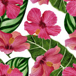 Watercolor illustration of hand painted. Seamless tropical pattern with hibiscus flowers and leaves on a white background. Perfect for fabric, wrapping paper, background.