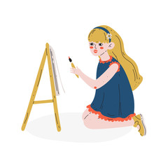 Sticker - Girl Painting Picture on Easel, Hobby, Education, Creative Child Development Vector Illustration