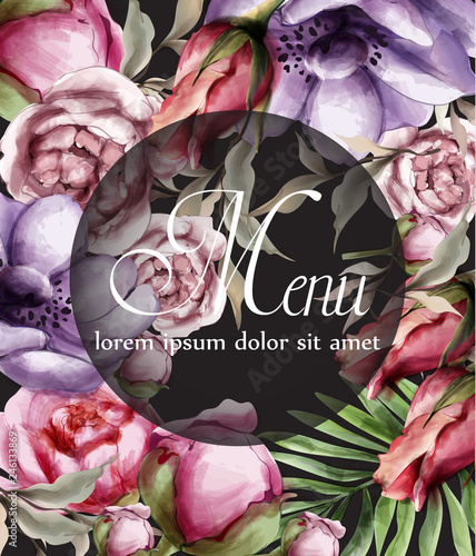 Floral watercolor background Vector. BEautiful peony, roses and tropic leaves...