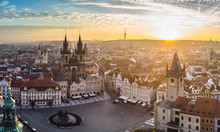 Aerial Drone View Prague Old Town Square Czech Republic Church Of Our Lady Before Tyn Panorama