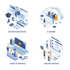 Wall Mural - modern flat isometric designed concept icons for online education, e-books, video tutorials and onli