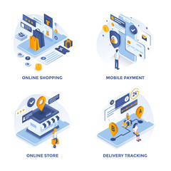 Wall Mural - modern flat isometric designed concept icons for online shopping, mobile payment, online store and d