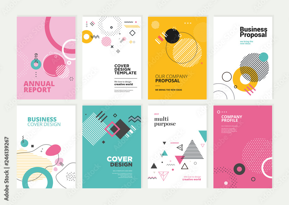 Set of brochure, annual report, flyer design templates in A4 size. Vector illustrations for business presentation, business paper, corporate document cover and layout template designs. - obrazy, fototapety, plakaty 