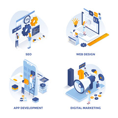 Wall Mural - modern flat isometric designed concept icons for seo, web design, apps development and digital marke