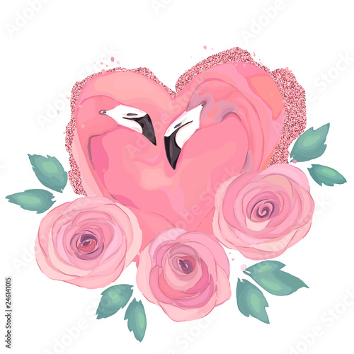 Pink flamingo couple. Exotic bird. Fashion glamour watercolour print for card...