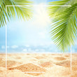 Leinwandbild Motiv Summer background with frame, nature of tropical golden beach with rays of sun light and leaf palm. Golden sand beach close-up, sea water,  blue sky, white clouds. Copy space, summer vacation concept.
