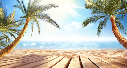 Wall Mural - summer panoramic landscape, nature of tropical beach with wooden platform, sunlight. golden sand bea