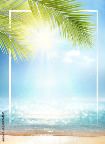 Summer background with frame, nature of tropical golden beach with rays of sun light and leaf palm Wallpaper Mural