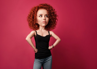 Wall Mural - Funny red curly girl with big head and funny hairstyle. Caricature stylization of female logic
