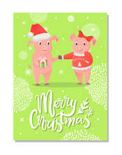 Merry Christmas Postcard, Piglets Symbol Of New Year With Gift Box On Green Snowflakes. Pig Girlfriend And Boyfriend In Santa Hat And Bow Exchange Presents Vector