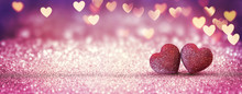 Two Hearts On Pink Glitter In Shiny Background - Valentine's Day Concept